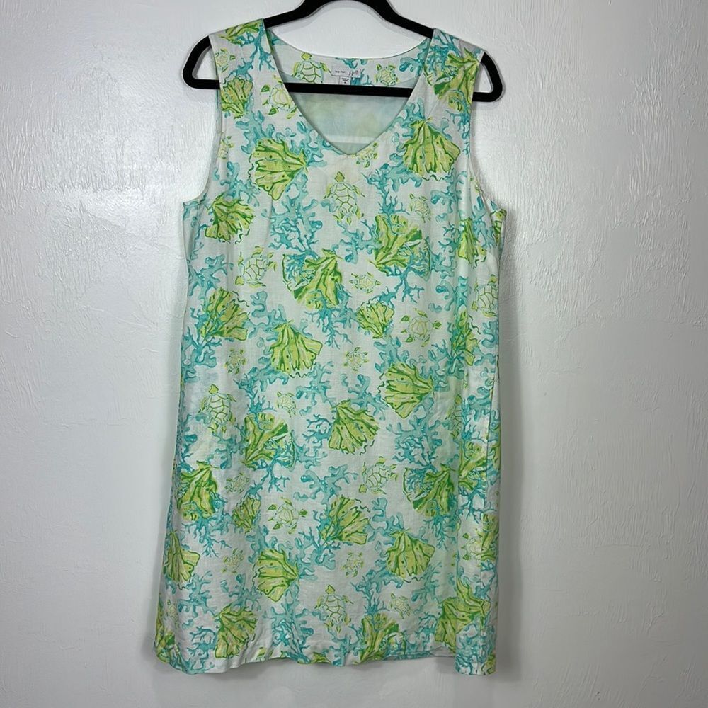 J. Jill Linen Dress white with green and Aqua Sea turtle print, sizemedium